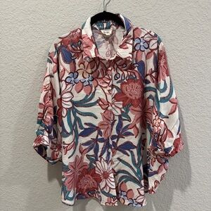 BiBi Red and Blue Floral Women's Button Down Shirt